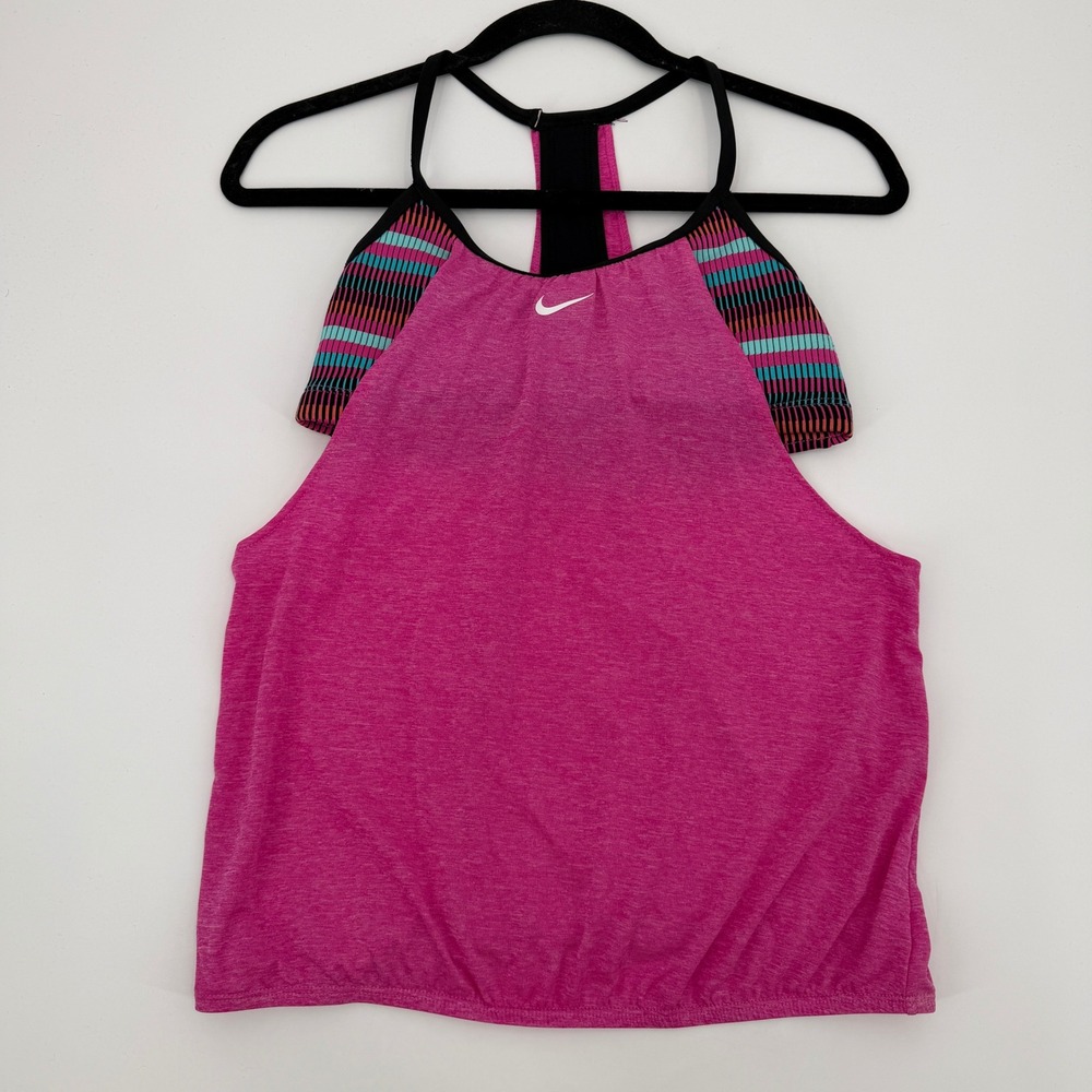 Nike Women Pink Heather Striped High Neck Racerback Sports Bra Tank Top Small